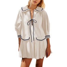 ICOBID Women Cute Bow Tie Up Open Front Mini Dress Lapel Contrast Binding 3/4 Sleeve Mini Dress Pleated A line Dresses White