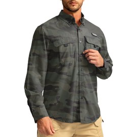 Men's Sun Protection Fishing Shirts Long Sleeve Travel Work Shirts for Men UPF50+ Button Down Shirts with Zipper Pockets(Camo Green 3X-Large)