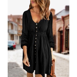 BTFBM Women 2025 Casual Button Down Summer Spring Dresses Long Sleeve Crew Neck Solid High Waist Short Tunic Mini Dress(Long Buttons Black, Medium)