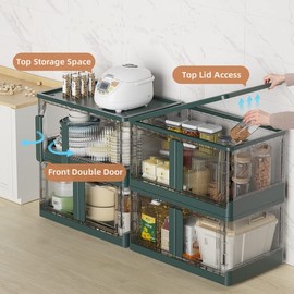 SIRIRIC Storage Bins with Lids - 4 Packs 19Gal Closet Organizers and Storage, Folding Storage Box, Plastic Green Stackable Storage Bins with Open Front Door, Collapsible Storage Bins for Office, Home