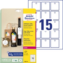 AVERY Zweckform T2003-10 Sturdy Tags 150 Pieces Including Cords (50 x 50 mm on A4, Printable on Both Sides, Extra Smooth Edges, Gift Tags, Price Tags) Cardboard 220 g, White