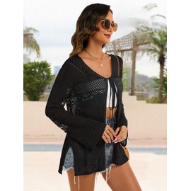 Bellcoco Women Crochet Cardigan Hollow Out Long Sleeve Coverups Tie Front Top Lightweight Summer Beach Knit Tops B-Black, M