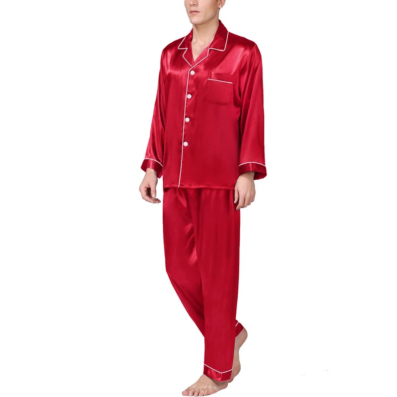 SWOMOG Men's Pajama Set Silk Satin Pajamas Classic Button-Down Sleepwear