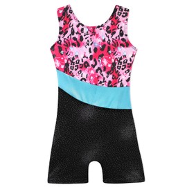 Belovance - Maillot para niñas con pantalones cortos, diseño de mariposas brillantes, sin mangas, color rosa, Leopardo rosa caliente, 6-7 Años