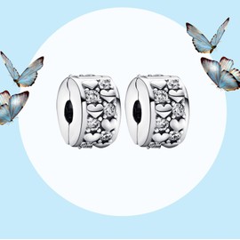 MGIUL Silver Gem Pavé Heart Clip Stopper Charms 2 Pieces Pendant for Bracelets Necklaces 925 Sterling Silver Pendant Beads Jewellery Gift for Women, Silver, Zircon