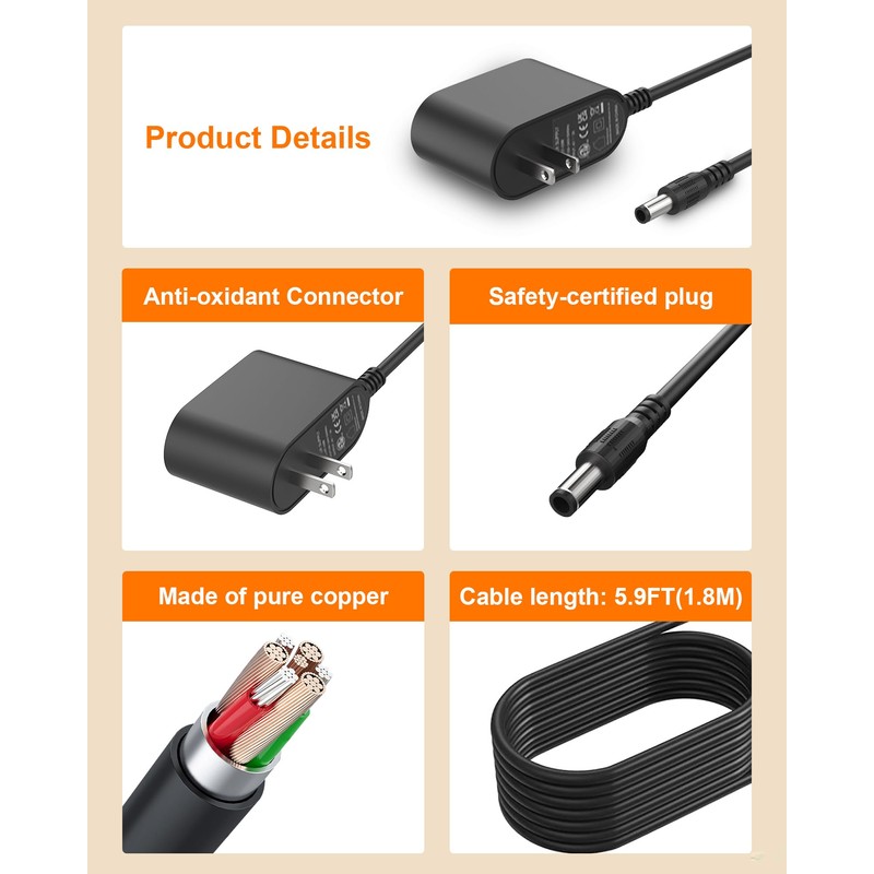 VHBW 9V Power Cord Compatible with Crosley Record Player Cruiser