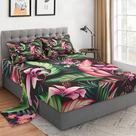 WeCozy 4 Pieces Full Size Bed Sheet Sets with Pillowcases, Tropical Leaves Flower Hibiscus Soft Microfiber Bedding for Kids and Adults, Flat, Fitted Sheet for Bedroom Bed Decor