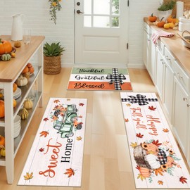 Ileading Farmhouse Kitchen Rugs Set of 3, Washable Fall Kitchen Mats for Floor 3 Piece Set with Non Slip Backing, Bow, Car and Pumpkins Print Striped Runner Rug for Laundry Room, Hallways Decor