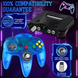 2 Pack surcok Wired n64 controller, Classic Gamepad Joystick for N64 Video Game Console (Clear blue + Clear green)