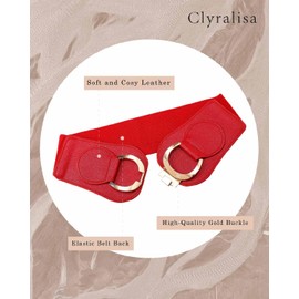 Clyralisa Women Stretchy Wide Belt Gold Buckle Elastic Vintage Waist Belts for Dresses Coats Red L