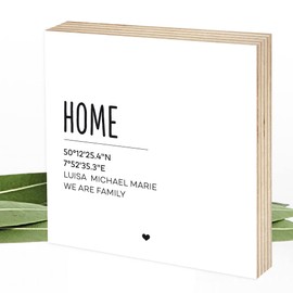 Wunderpixel® personalisiertes Holzbild Home mit Koordinaten minimalistisch - 15x15x2cm zum Hinstellen/Aufhängen, echter Fotodruck auf Holz - Wand-Bild Aufsteller Zuhause Dekoration Geschenk-Idee