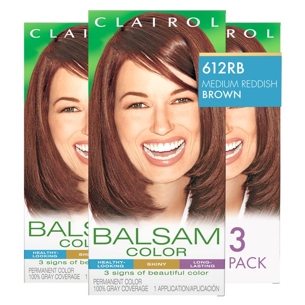 Clairol Balsam Permanent Hair Dye, 612RB Medium Reddish Brown Hair Color, Pack of 3