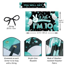 HTDZZI Peace Out Single Digits I’m 10 Backdrop – Happy 10th Birthday Decorations for Girls, Turquoise Teal Fabric Double Digits Photo Prop Banner, Yard Sign, Indoor Outdoor Party Decor