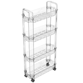 Yieach Rolling Small Bathroom Storage and 4 Tier Cart Organizer/Laundry Room Storage and Utility Cart with Wheels,Multi-Functional Makeup,Snack,Nail Organizers and Storage for Office,Kitchen,Clear