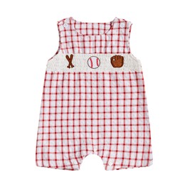 Chloefairy Newborn Baby Boy Girl Baseball Outfit Sleeveless Overalls Romper Smocked Baseball Bubble Onesie Summer Plaid Bodysuit (Red, 12-18 Months)