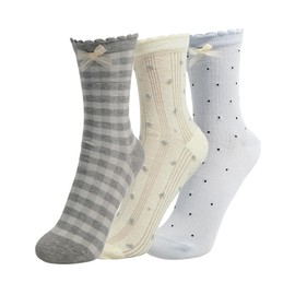 LEBOOBELL Womens Mid Tube Socks 3 Pairs Cute Bow Soft Thin Breathable Crew Socks Spring Summer,One Size Fits Most (US 5-9), Casual & Workout(Plaid & Beige & Blue)