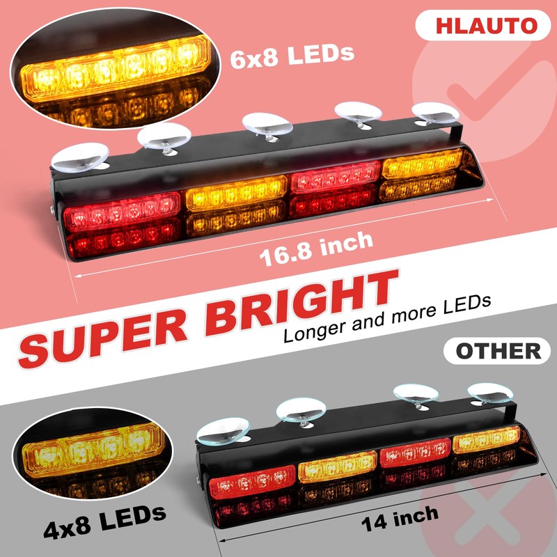 HLauto 6Z4J Emergency Dash Strobe Lights: 2x16.8 inch Red Amber