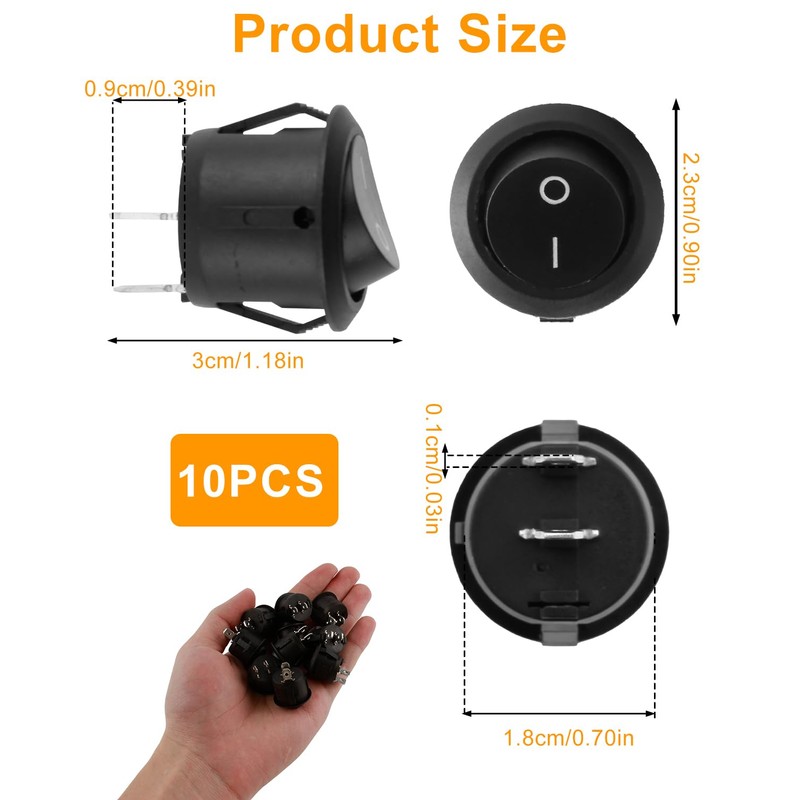 10Pcs KCD1 Mini Rocker Switches SPST 2Pin Snap-in Latching Toggle