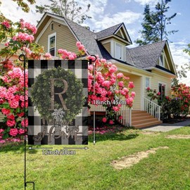 Boxwood Wreath Black And White Plaid Buffalo Check Monogram Initial Name R Burlap Garden Porch Lawn Flag Farmhouse Decorations Mailbox Home Decor Welcome Sign 12x18 Double Sided Nylon Linen Fabric