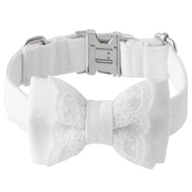 Bnibol Unique Wedding Dog Collar Bow Tie, White Cotton Dog Collar with Adjustable Metal Buckle,Suitable for Small Dogs. (Wedding S)
