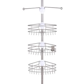 Kenney KN614128 Easy Slide Adjustable Height (6' 9"-9') Spring Tension Metal Corner Pole Shower Caddy with 3 Adjustable Rust-Resistant Basket Shelves, Towel Bars, and Razor Holders, Brushed Nickel