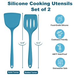 TeamFar Silicone Spatulas Set of 2, Solid & Slotted Cooking Turner for Non-stick Cookware, for Flipping/Turning/Frying, Healthy & Seamless, Heat-Resistant & Non-Scratch, Dishwasher Safe, Dark Blue