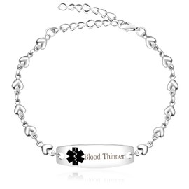 Laser Engraved Black Medical Symbol Medical Alert ID Bracelet, Health Alert Engraved Silver Heart-shaped Bracelet Suitable for Emergency First Aid for Men and Women Y4300-6D（BloodThinner）