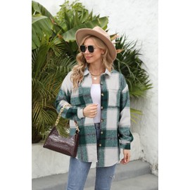 Womens Shacket Jacket with Pockets Casual Collared Long Sleeve V Neck Button Down Comfort Flannel Classic Plaid Shirts Green Small