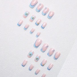 French Tip Press on Nails Short Square Fake Nails with Designs Cute Flower Stick on Nails Full Cover Spring Summer False Nails Nude Pink Acrylic Nails Reusable Glue on Nails for Women Manicure 24Pcs