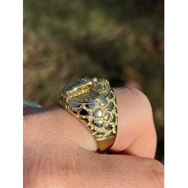 Men's Hip Hop Ring - Solid 925 Sterling Silver 14k Gold Finish - Fully Iced Mens Ring - Jesus On Cross Christian W. Nugget Design (10)