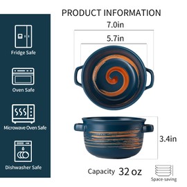 YUN TAO French Onion Soup Bowls with Handles, Ceramic Soup Serving Bowl Crocks 32 Ounces for Cereal, Chilli, Beef Stew, Pot Pies, Oven Safe, Set of 4