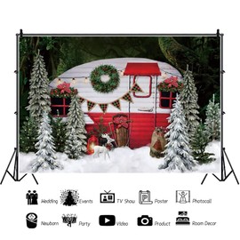 7x5ft Vinyl Christmas Camper Backdrop Pine Tree Snow Forest Mini Bus Wreath Photography Background Christmas Party Decor Camping Baby Shower Birthday Winter Holiday Party Decor Banner Backdrop