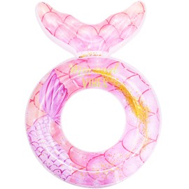 WenYa 20 Inch Mermaid Inflatable Float Rings for Kids, Mermaid Inflatable Pool Rings with Glitter for Kids Swimming Pool Water Sports (Pink)
