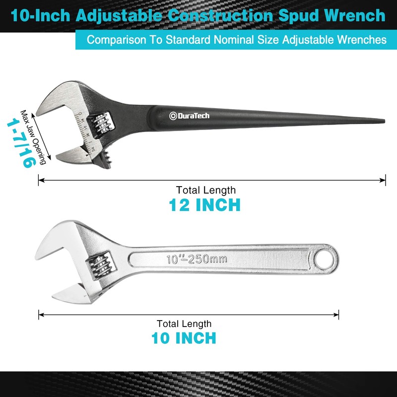 DURATECH 10-Inch Adjustable Construction Spud Wrench, Black Oxide Finish, CR-V