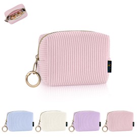 Playexen Mini Makeup Bag, Corduroy Small Cosmetic Bag for Purse with Ring Buckle, Portable Travel Makeup Pouch for Lipsticks, Chapsticks, Coin, Earphone, Credit Card (Pink)
