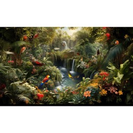 Aquarium Background Jungle Beach Lagoon View Terrarium Backdrop Rainforest Tropical Waterfall Palm Trees Leaves Fish Tank Background Birds Tank Aquarium Wallpaper Poster Vinyl 30x12in