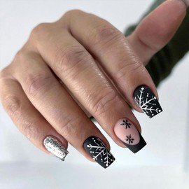 24Pcs Christmas Press on Nails Medium Square Fake Nails with Black French Tip Design Nude False Nails Silver Glitter Full Cover Artificial Glue on Nails Cute Winter Stick on Nails for Women DIY Nails
