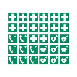 30 Aufkleber Mix: 14x Erste Hilfe 8x Notruftelefon 8x Defibrillator - ø 5 cm - UV- und witterungsbeständig - ISO 7010 - nachhaltig - Gebotszeichen Schild Ersthelfer Verbandskasten (5 cm, Mix)