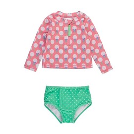 RuffleButts Baby/Toddler Girls Long Sleeve Rash Guard 2 Piece Swimsuit Set w/UPF 50+ Sun Protection with Zipper - Pink Tee Time, 6-12m