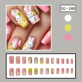 Easter Day Press on Nails - Medium Square Fake Nails with Bunny Flower Design - Pink False Nails Press ons - for Women 24 Pcs