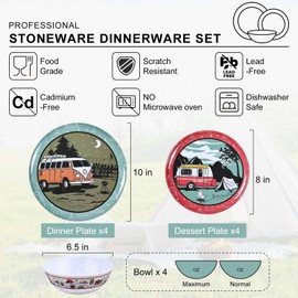 Molidiki Melamine Dinnerware Sets, 12pcs Plates and Bowls Sets, Service for 4, Indoor and Outdoor use Dish Set, break-resistant (red car)