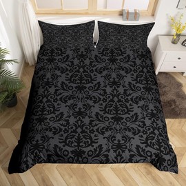 Homewish Black Damask Double Duvet Cover Sets for Kids Teens Adults, Vintage Royal Baroque Bedding & Linen, Victorian Classical Florals Bedding Set With Pillowcases, Ultra Soft