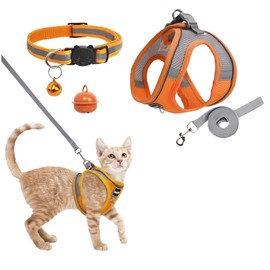 Cat Harness and Lead Set, Escape Proof Kitten Harness with Leash Cat Collar and Bell, Reflective Adjustable Vest, Reflective Stripe Cats Kitten Walking Vest for Small Cats Walking (Orange XXS)