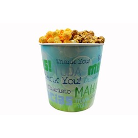 Signature Popcorn - 1-gallon Multi Language Thank You Reusable Plastic Tin - Half Caramel & Half Cheddar Cheese - Christmas/Holiday Gift