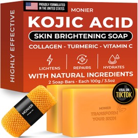 MONIER Kojic Acid Soap - Dark Spot Remover Soap Bars - with Collagen, Turmeric, Coconut Oil, Vitamin C, Vitamin E - Moisturizing & Nourishing - Original Japanese Complex