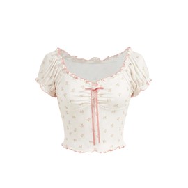 SHENHE Women's Floral Puff Short Sleeve Sweetheart Neck Frilly Coquette Crop Top Tee Apricot Medium