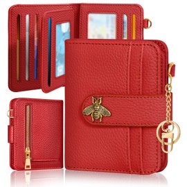 Bistup Wallet for Women Cute Small Card Wallet Genuine Leather Rfid with Keychain for Ladies Teen Girls Female Girly Aesthetic Red Designer Unique Pretty Kawaii Modern Bifold Credit Card Holder