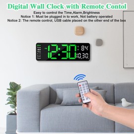 13 inch/16 Inch Digital Wall Clock, LED Wall Clock, Large Display, Digital Clock with Remote Control, Wall Alarm Clock, Timing and Countdown with Date/Week/Temperature for Bedroom, Living Room (Green,