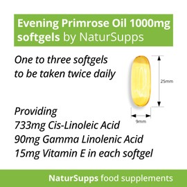 Natur Supps Evening Primrose Oil 1000mg, Cold Pressed, Omega 6, 90mg GLA, 733mg LA, Vitamin E, 120 Evening Primrose Oil Softgel Capsules, UK Made