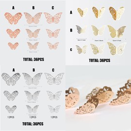 Allazone 108 PCS 3D Butterfly Wall Stickers Wall Decal Decor Art Decorations Sticker Removable Hollow Butterfly 3 Sizes for Room Home Classroom Offices Bedroom Decor, Rose Gold, Silver, Gold